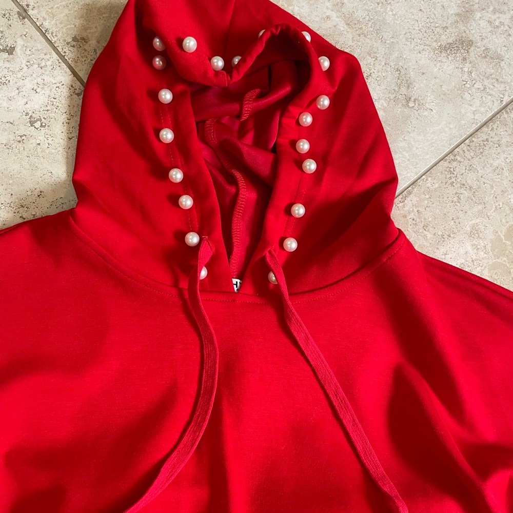 Red Pearl-Accent Wide Leg Pants & Hoodie Set - Picture 3 of 9